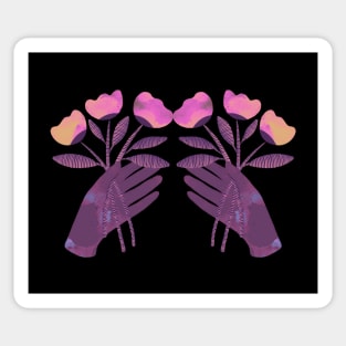 Purple hand with pink and yellow flowers for you on black Sticker